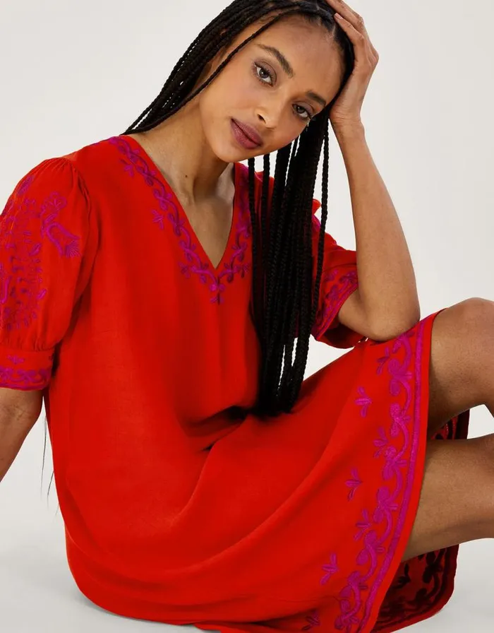 Monsoon Chrissy Embroidered Tunic Dress Orange Women Embroidered Dresses