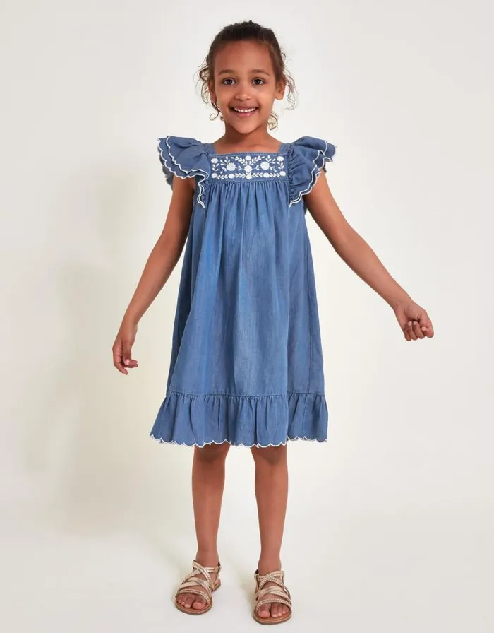 Monsoon Embroidered Chambray Dress Blue Children Dresses