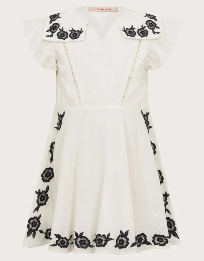Monsoon Embroidered Square Collar Dress White Children Dresses