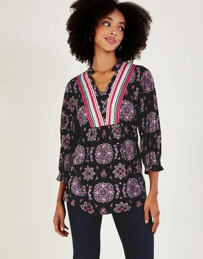 Monsoon Embroidered Tape Pull Over Jersey Top Black Women Tops and Blouses
