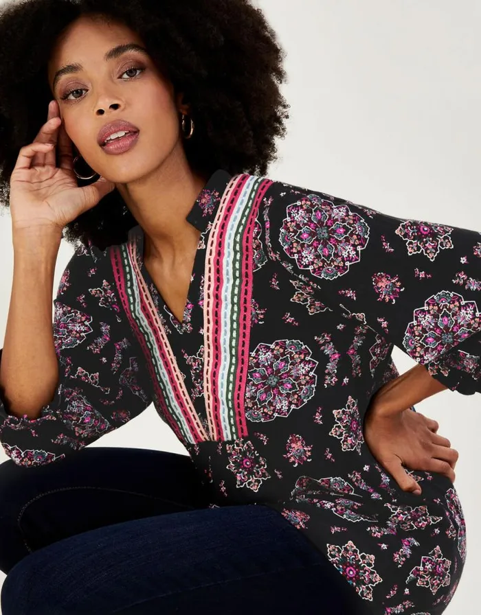 Monsoon Embroidered Tape Pull Over Jersey Top Black Women Tops and Blouses Monsoon Embroidered Tape Pull Over Jersey Top Black Women Tops and Blouses