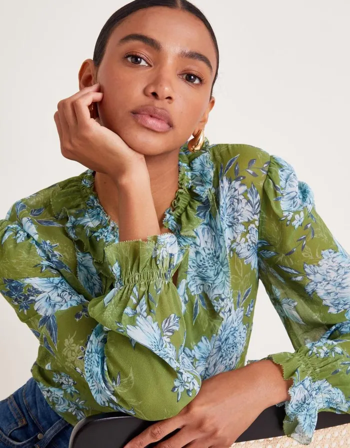 Monsoon Eva Floral Ruffle Blouse Green Women Tops and Blouses