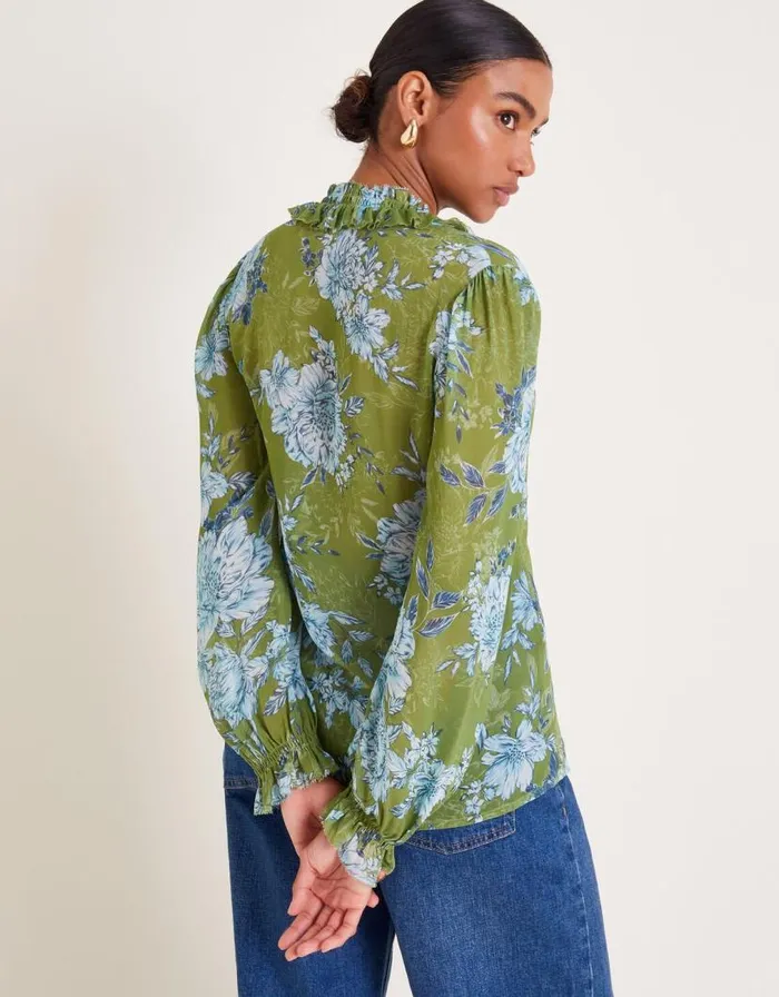 Monsoon Eva Floral Ruffle Blouse Green Women Tops and Blouses Monsoon Eva Floral Ruffle Blouse Green Women Tops and Blouses