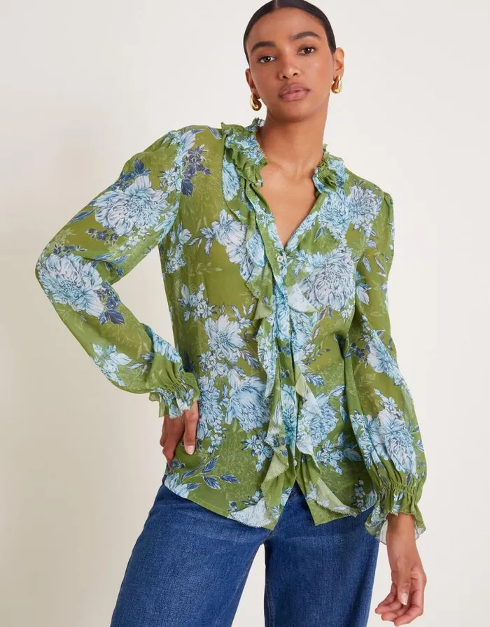 Monsoon Eva Floral Ruffle Blouse Green Women Tops and Blouses Monsoon Eva Floral Ruffle Blouse Green Women Tops and Blouses