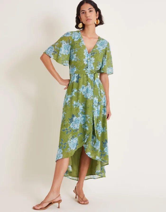 Monsoon Eva Floral Wrap Midi Dress Green Women Occasionwear