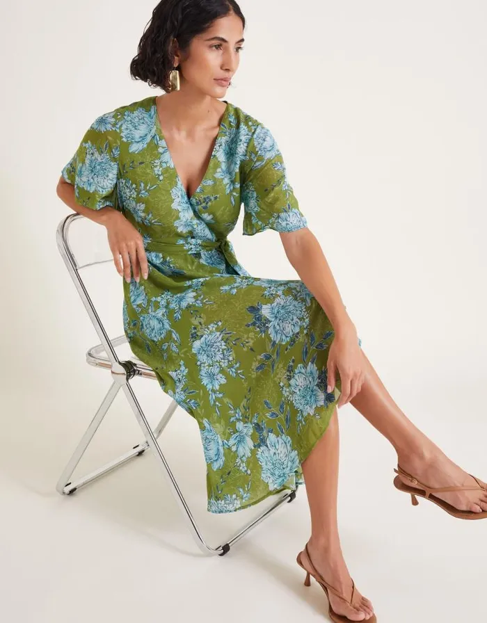 Monsoon Eva Floral Wrap Midi Dress Green Women Occasionwear Monsoon Eva Floral Wrap Midi Dress Green Women Occasionwear