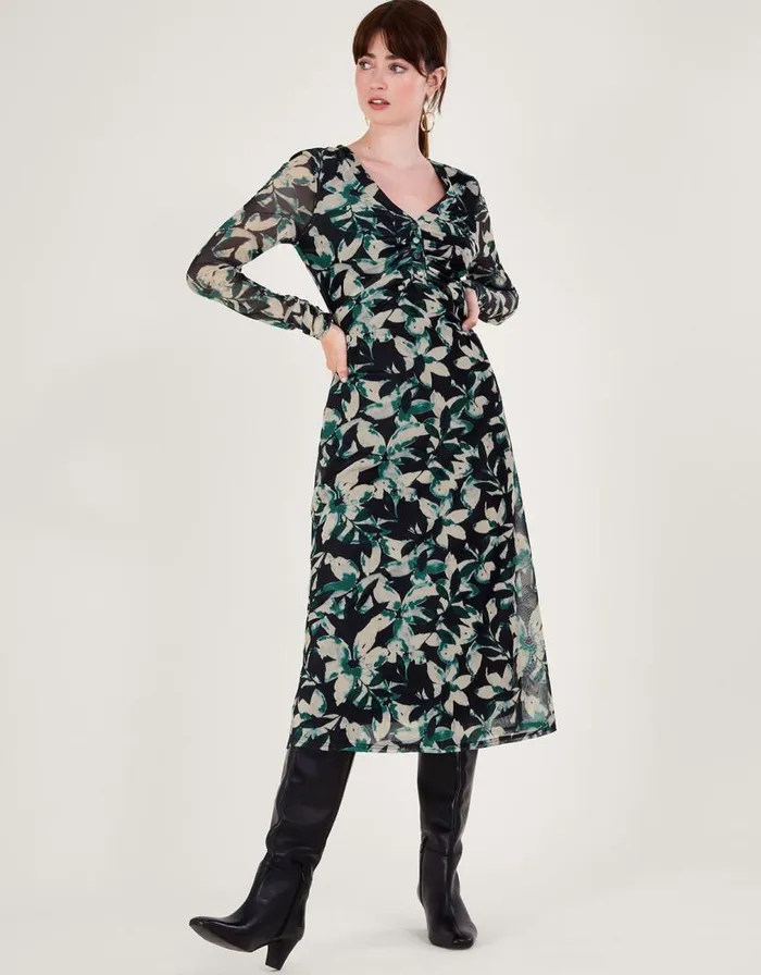 Monsoon Fawn Floral Mesh Dress Green Women Midi Dresses