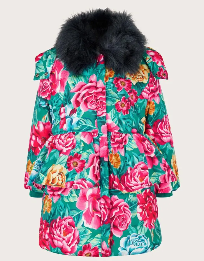 Monsoon Floral Print Puffer Coat Green Children Coats and Jackets