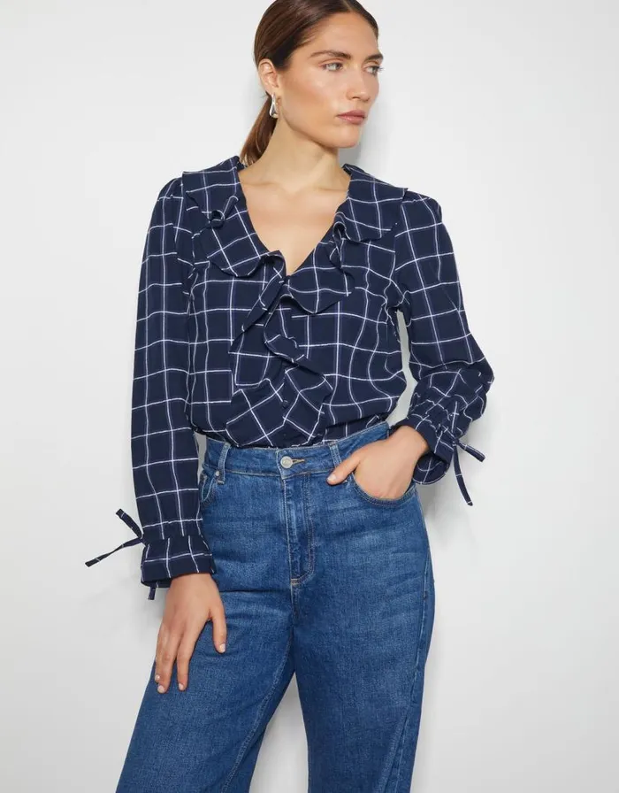 Monsoon Frankie Check Print Ruffle Blouse Blue Women Tops and Blouses