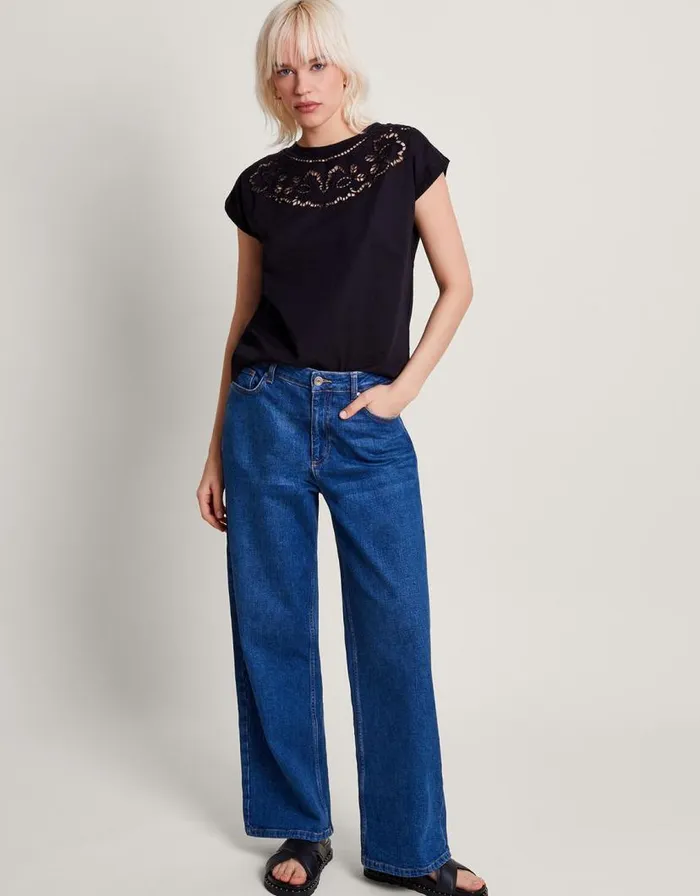 Monsoon Garcia Cutwork TShirt Black Women Tops and Blouses