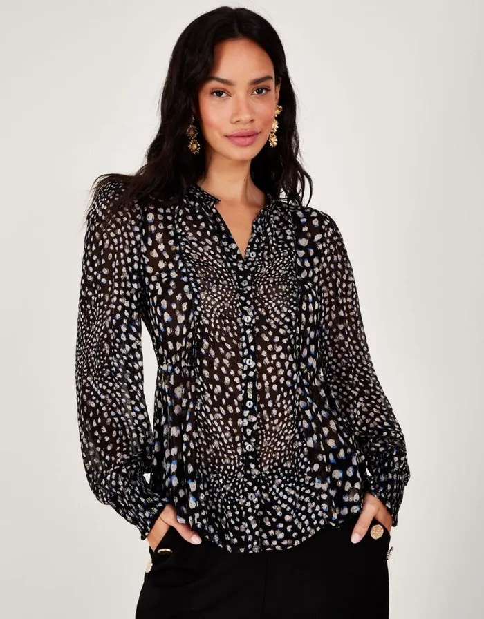 Monsoon Hollis Metallic Spot Blouse With Sustainable Viscose Black Women Tops and Blouses