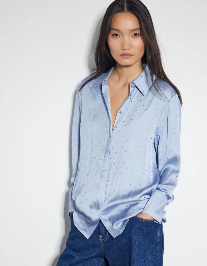 Monsoon Holly Relaxed Satin Shirt Blue Women Tops and Blouses