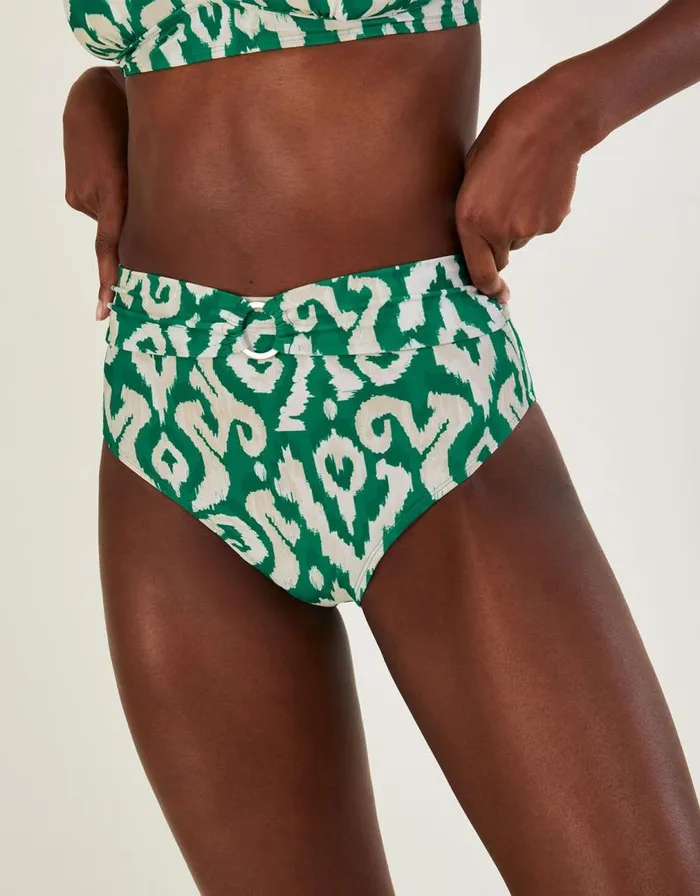 Monsoon Ikat Print High Waist Bikini Bottoms With Recycled Polyester Green Women Beachwear and Swimwear Monsoon Ikat Print High Waist Bikini Bottoms With Recycled Polyester Green Women Beachwear and Swimwear