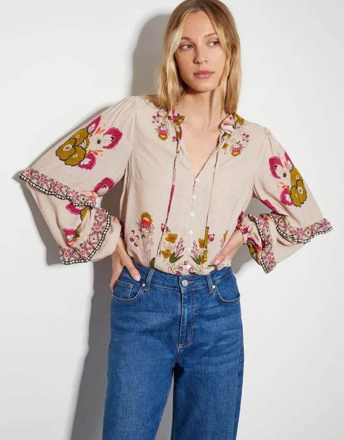 Monsoon Kara Floral Ruffle Blouse Ivory Women Tops and Blouses