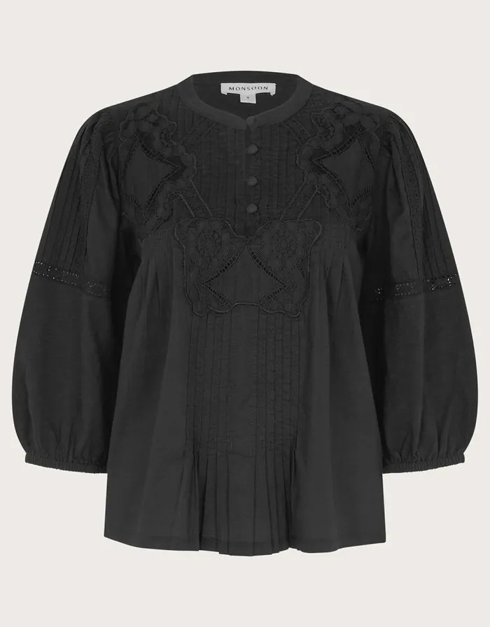Monsoon Larissa Lace Trim Top Black Women Tops and Blouses
