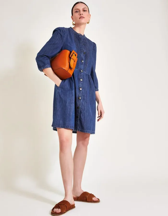 Monsoon Mae Pintuck Denim Dress Blue Women Casualwear