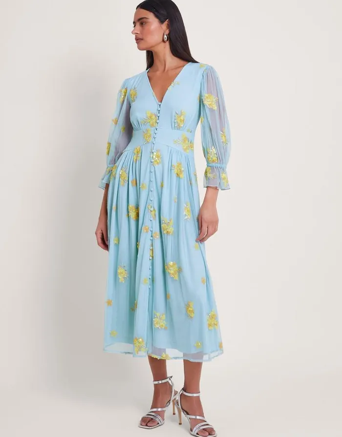 Monsoon Martha Embellished Tea Dress Blue Women Occasionwear