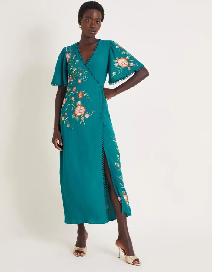 Monsoon Maya Floral Embroidered Midi Dress Teal Women Day Dresses