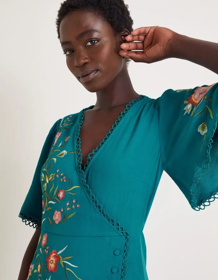 Monsoon Maya Floral Embroidered Midi Dress Teal Women Day Dresses Monsoon Maya Floral Embroidered Midi Dress Teal Women Day Dresses