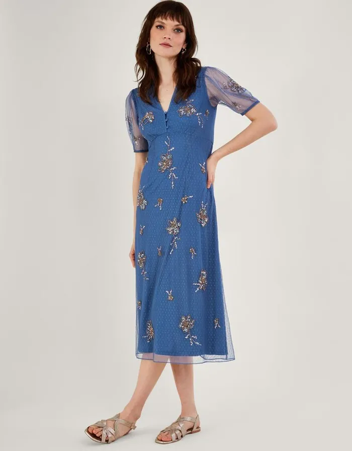 Monsoon Pamela Embellished Tea Dress Blue Women Occasionwear