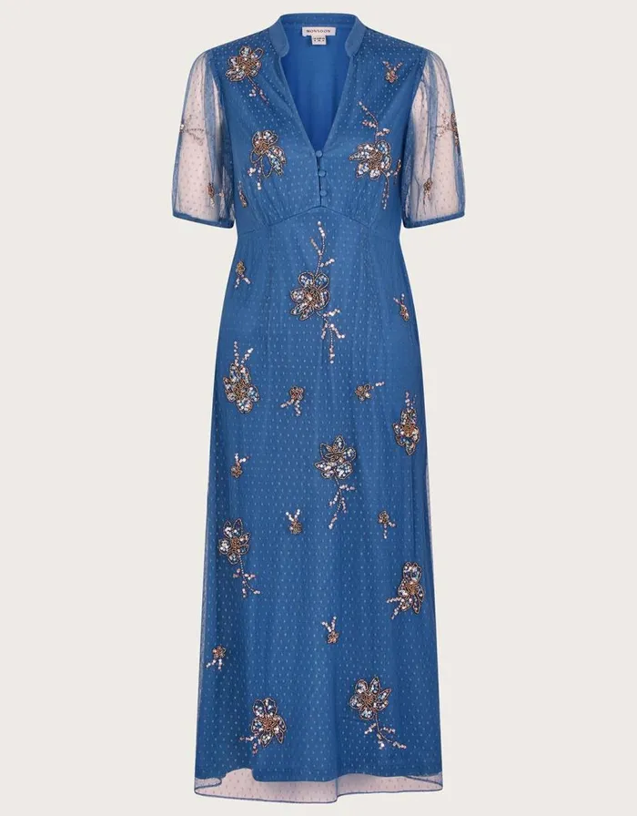 Monsoon Pamela Embellished Tea Dress Blue Women Occasionwear Monsoon Pamela Embellished Tea Dress Blue Women Occasionwear