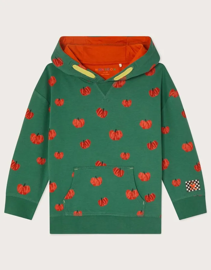 Monsoon Pumpkin Print Hoodie Green Children Knitwear Jumpers and Hoodies Monsoon Pumpkin Print Hoodie Green Children Knitwear Jumpers and Hoodies