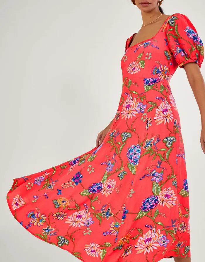 Monsoon Regina Floral Print Tea Dress With Sustainable Viscose Orange Women Midi Dresses