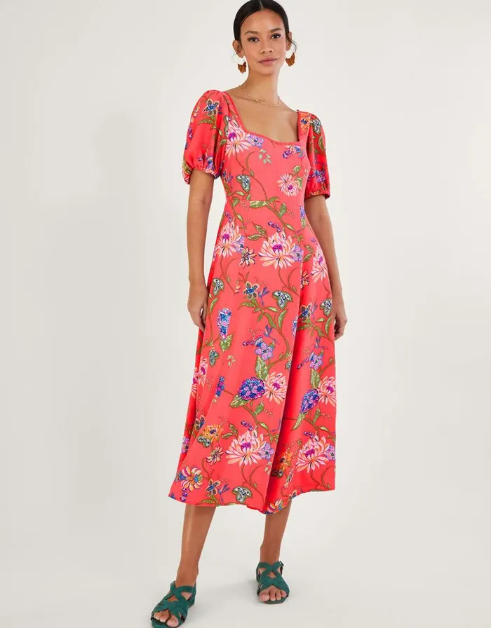 Monsoon Regina Floral Print Tea Dress With Sustainable Viscose Orange Women Midi Dresses Monsoon Regina Floral Print Tea Dress With Sustainable Viscose Orange Women Midi Dresses