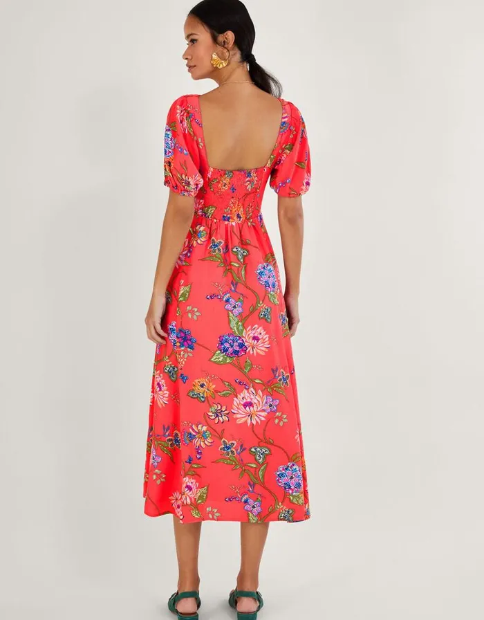 Monsoon Regina Floral Print Tea Dress With Sustainable Viscose Orange Women Midi Dresses Monsoon Regina Floral Print Tea Dress With Sustainable Viscose Orange Women Midi Dresses