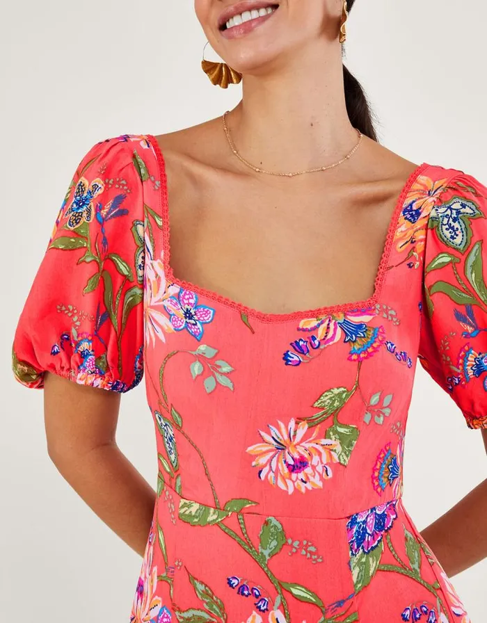 Monsoon Regina Floral Print Tea Dress With Sustainable Viscose Orange Women Midi Dresses Monsoon Regina Floral Print Tea Dress With Sustainable Viscose Orange Women Midi Dresses