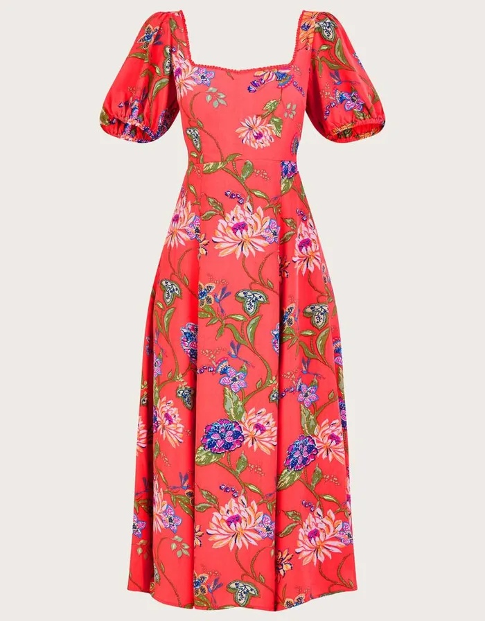 Monsoon Regina Floral Print Tea Dress With Sustainable Viscose Orange Women Midi Dresses Monsoon Regina Floral Print Tea Dress With Sustainable Viscose Orange Women Midi Dresses