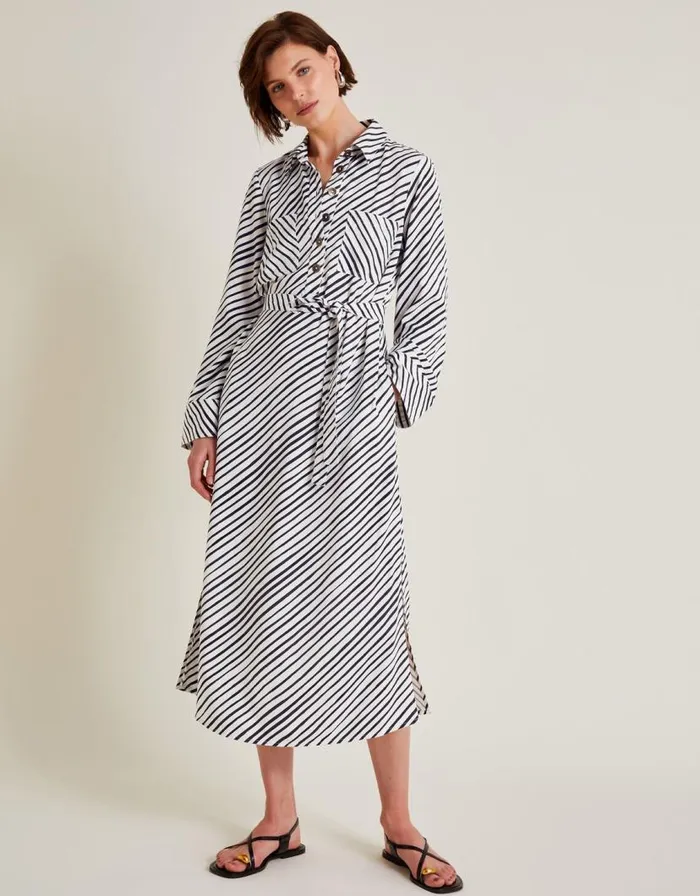Monsoon Sabitha Stripe Midi Shirt Dress Black Women Casualwear