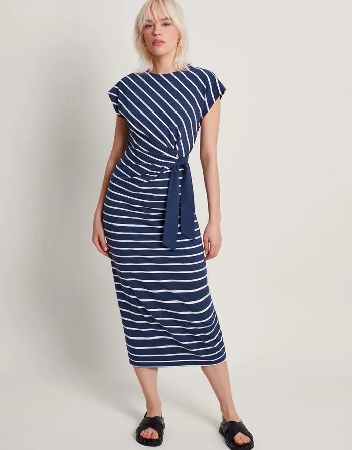 Monsoon Sanya Stripe Tie Dress Blue Women Midi Dresses