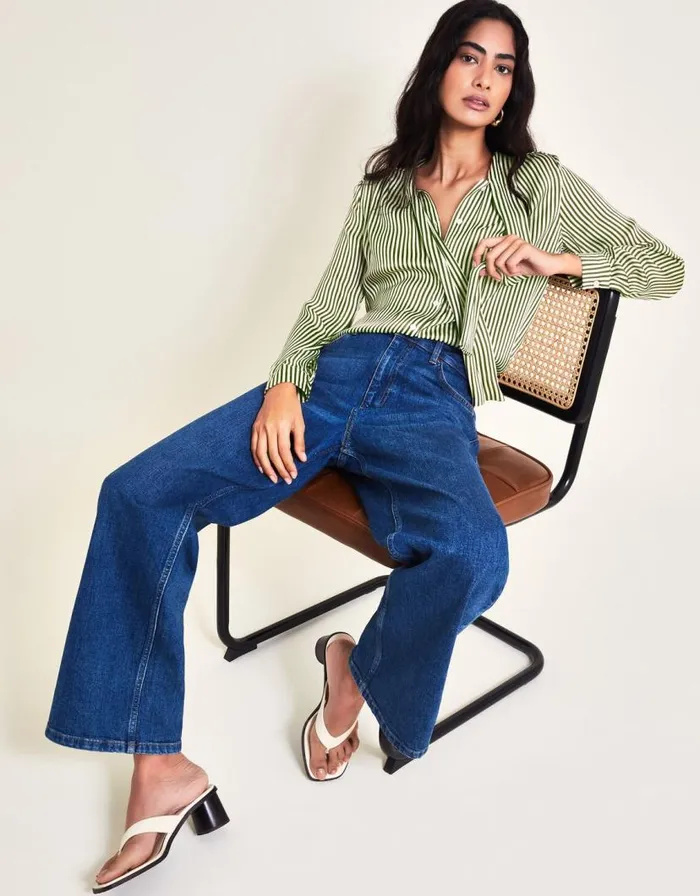 Monsoon Sasha Stripe Satin Blouse Green Women Tops and Blouses