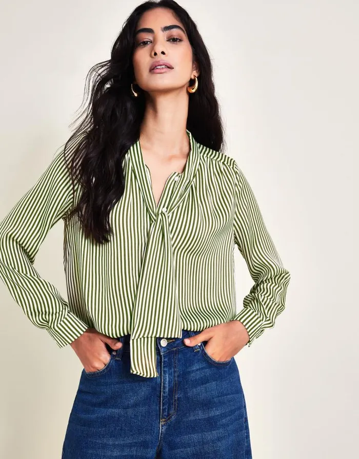 Monsoon Sasha Stripe Satin Blouse Green Women Tops and Blouses Monsoon Sasha Stripe Satin Blouse Green Women Tops and Blouses