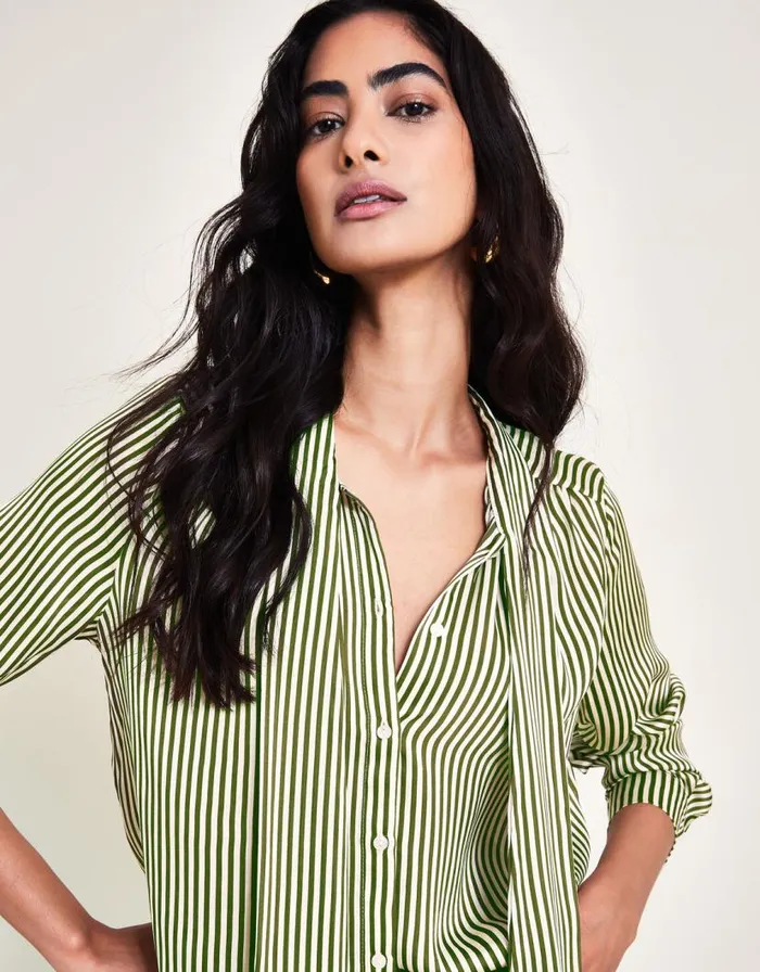Monsoon Sasha Stripe Satin Blouse Green Women Tops and Blouses Monsoon Sasha Stripe Satin Blouse Green Women Tops and Blouses