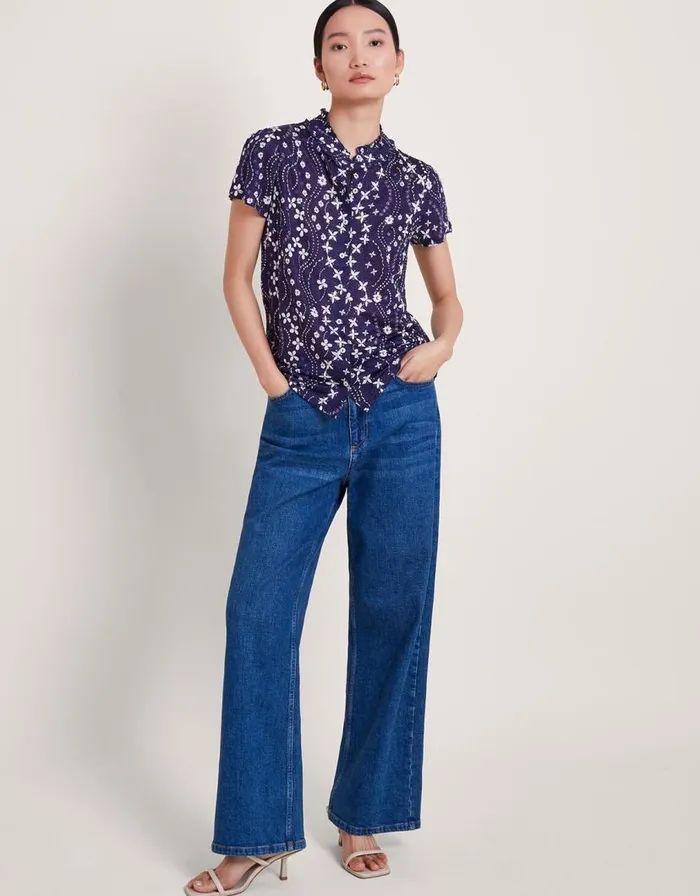 Monsoon Serena Floral Linen Top Blue Women Tops and Blouses