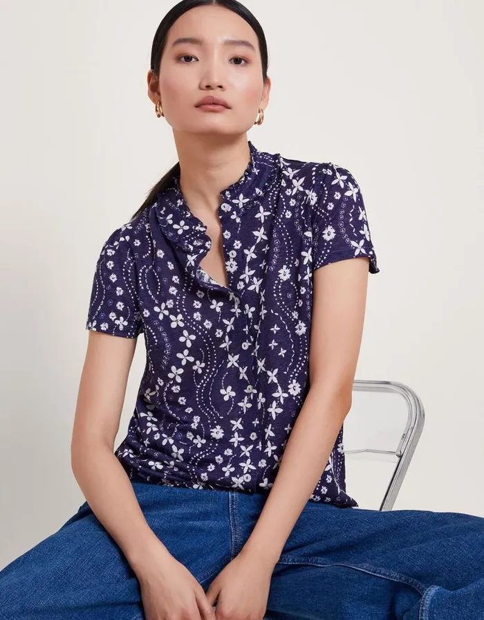 Monsoon Serena Floral Linen Top Blue Women Tops and Blouses Monsoon Serena Floral Linen Top Blue Women Tops and Blouses