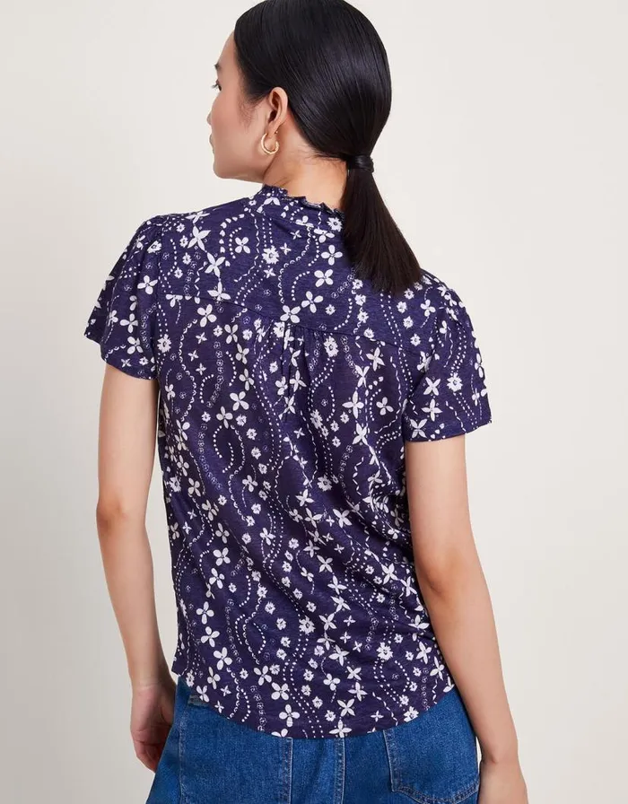 Monsoon Serena Floral Linen Top Blue Women Tops and Blouses Monsoon Serena Floral Linen Top Blue Women Tops and Blouses