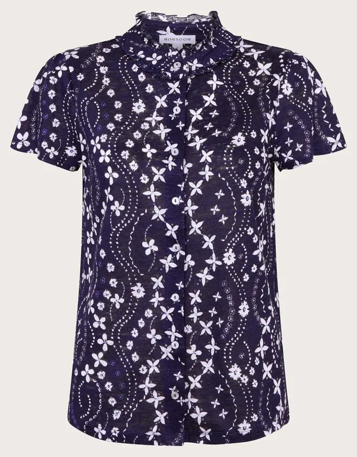 Monsoon Serena Floral Linen Top Blue Women Tops and Blouses Monsoon Serena Floral Linen Top Blue Women Tops and Blouses