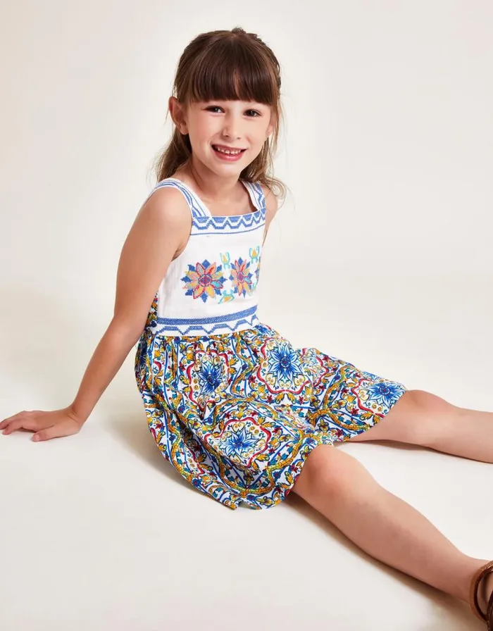 Monsoon Sicilian Print Culotte Playsuit Blue Children Dresses