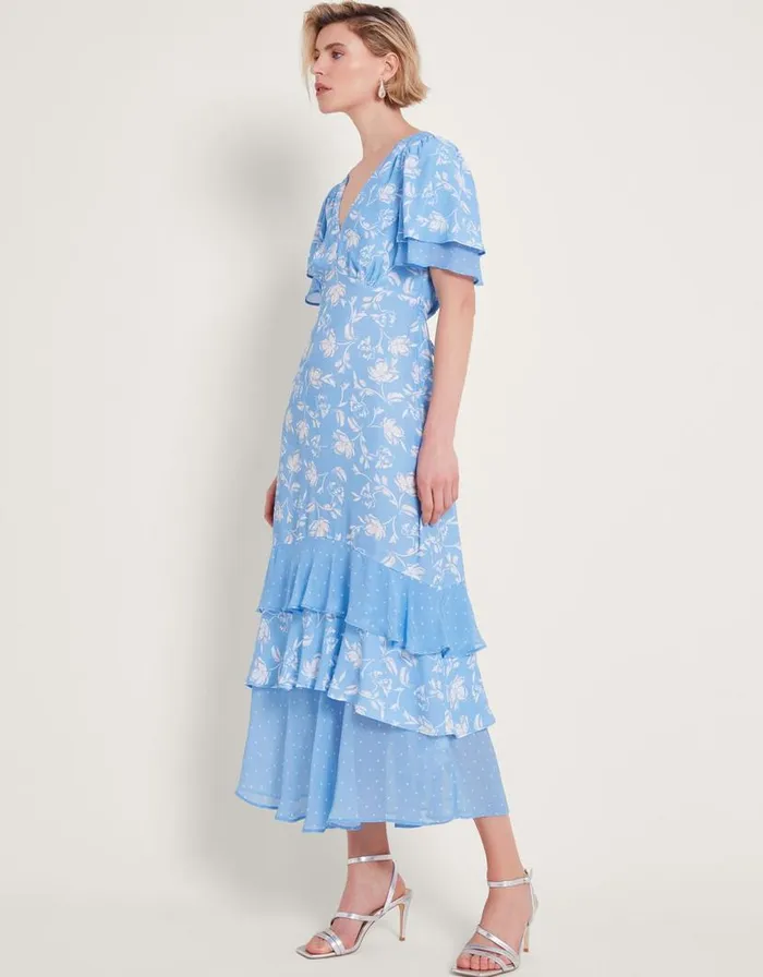 Monsoon Simone Tiered Ruffle Dress Blue Women Occasionwear
