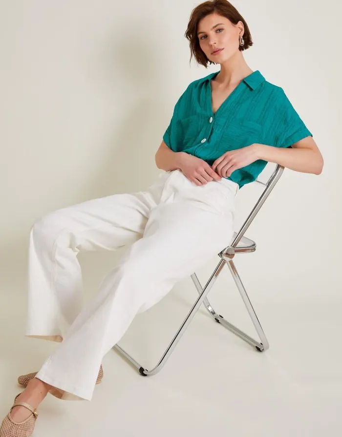 Monsoon Sofia Textured Short Sleeve Shirt Teal Women Tops and Blouses