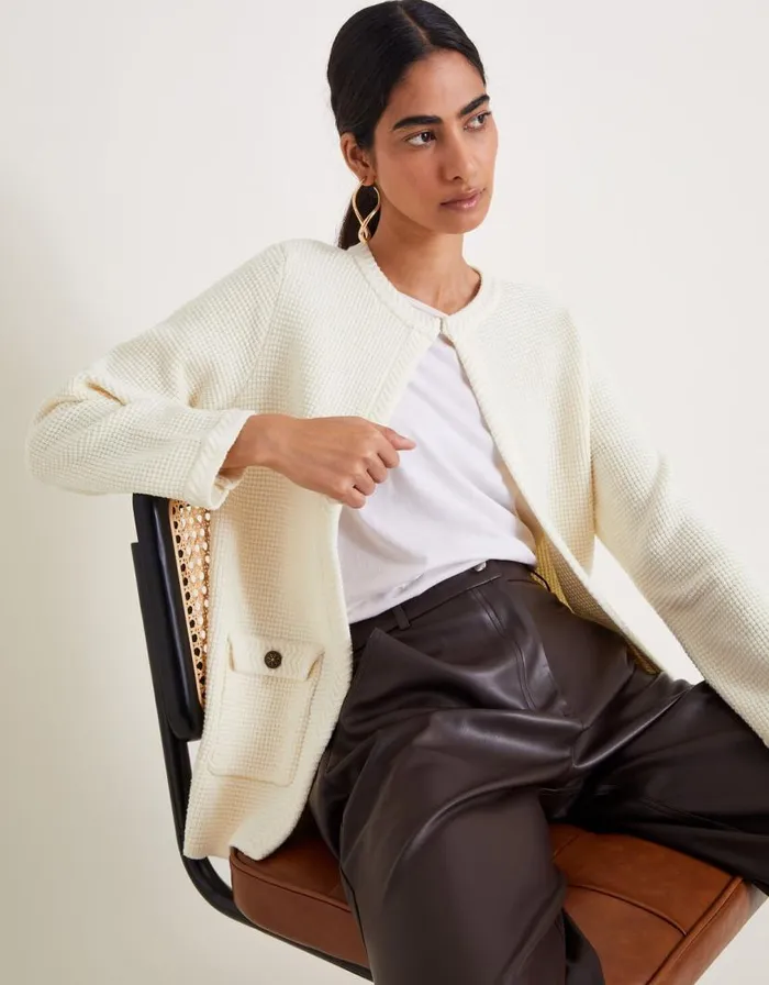 Monsoon Tabby Textured Open Front Cardigan Ivory Women Cardigans