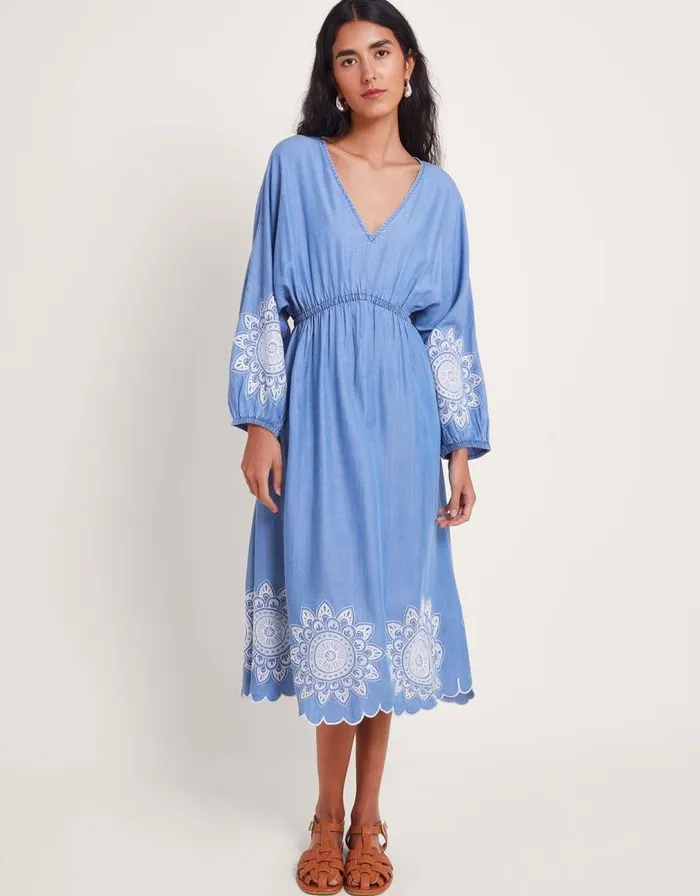 Monsoon Tabitha Embroidered Denim Dress Blue Women Casualwear