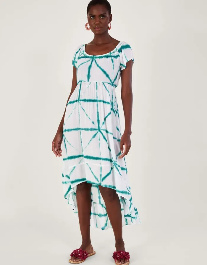 Monsoon Tie Dye Cross Print High Low Dress In LENZING ECOVERO White Women Beachwear and Swimwear