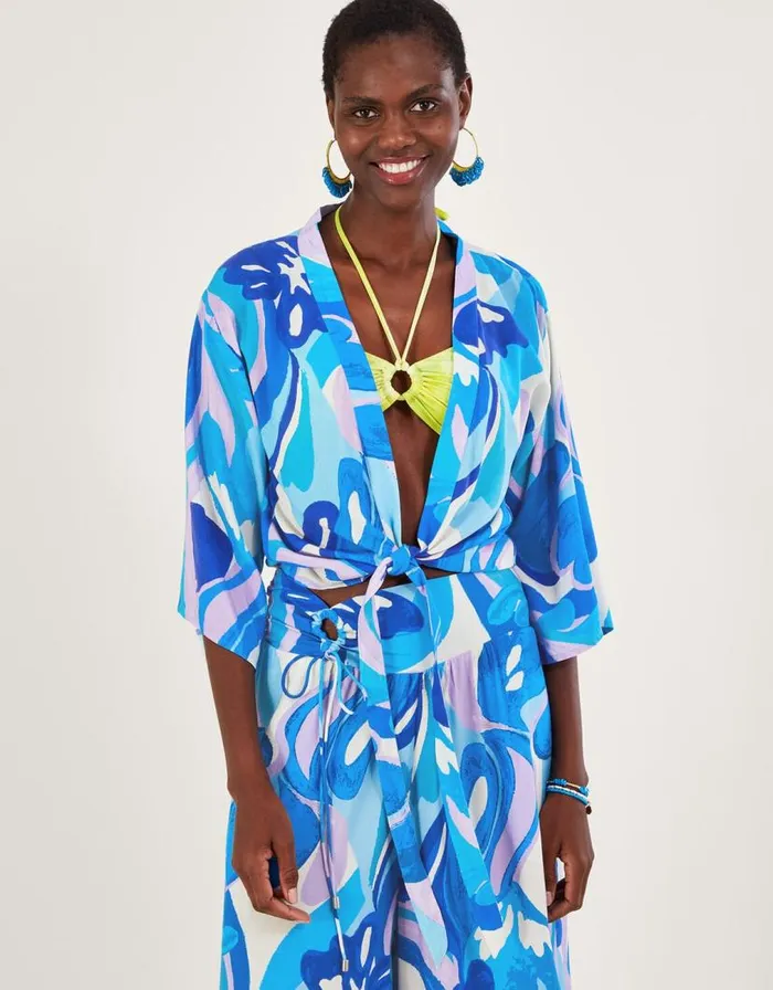 Monsoon Tie Front Swirl Print Crop Top In LENZING ECOVERO Blue Women Tops and Blouses