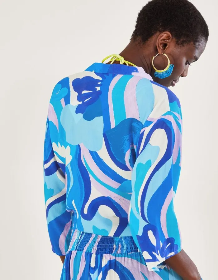 Monsoon Tie Front Swirl Print Crop Top In LENZING ECOVERO Blue Women Tops and Blouses Monsoon Tie Front Swirl Print Crop Top In LENZING ECOVERO Blue Women Tops and Blouses