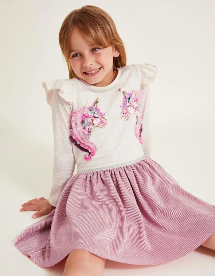 Monsoon Unicorn Metallic LongSleeve Disco Dress Pink Children Dresses