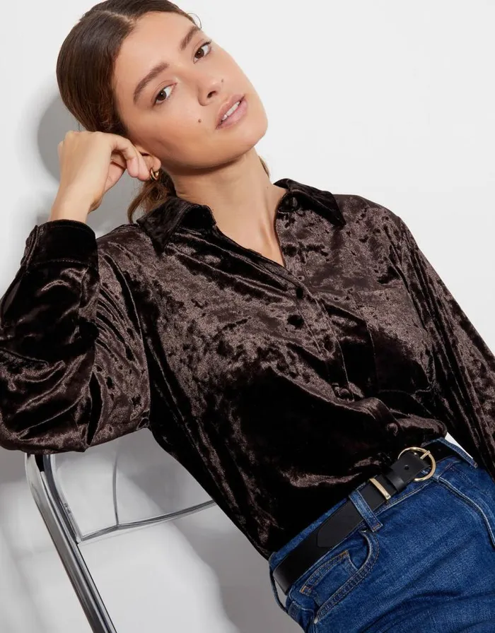 Monsoon Vida Velvet Shirt Brown Women Tops and Blouses